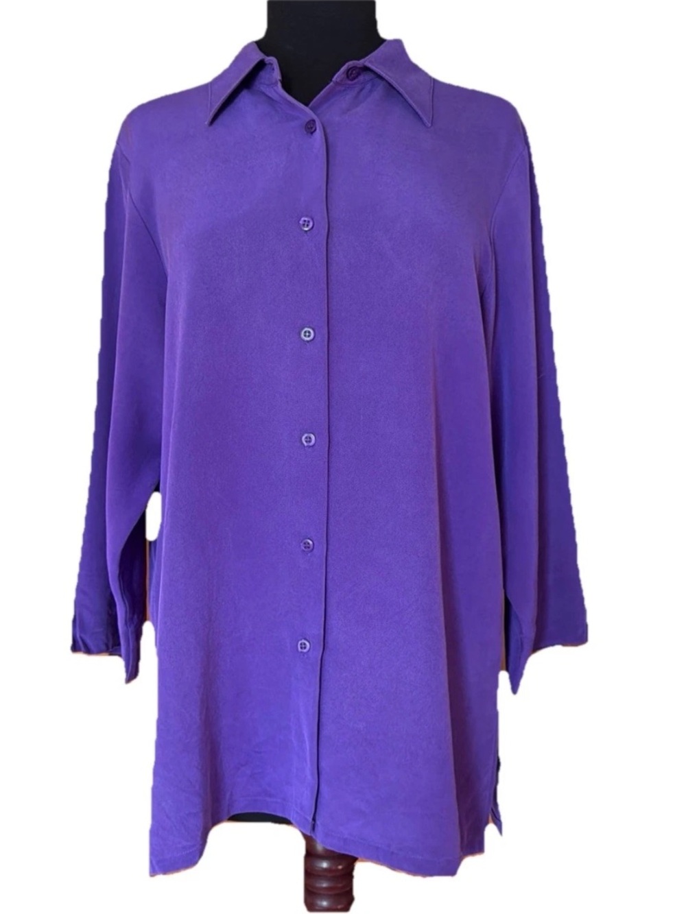 Wintersilks Deep Purple Silk Blend Button Down Blouse 3/4 Sleeves Size Large